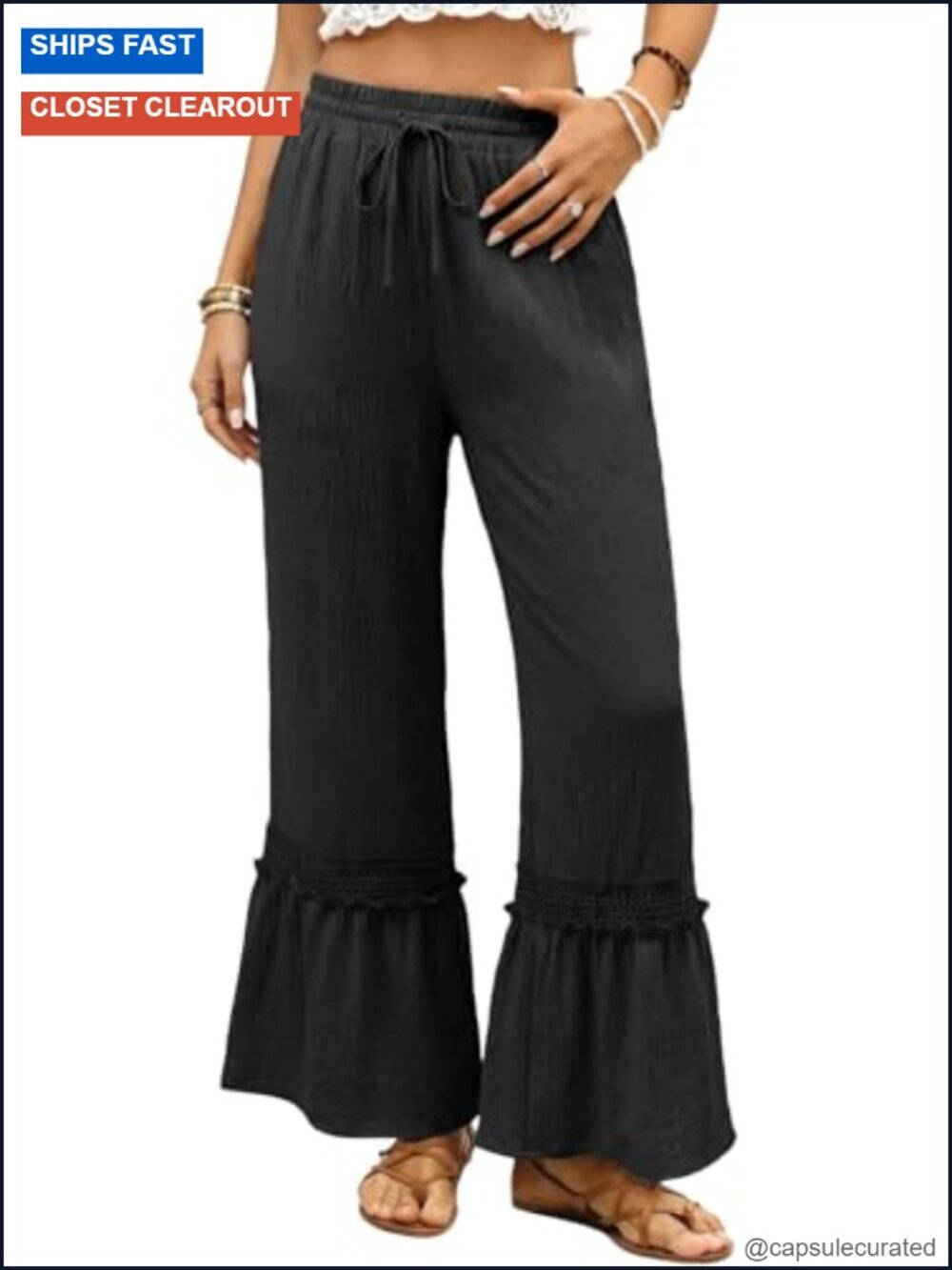 High Waisted Wide Leg Pants with Pockets Lace Hem Drawstring Trousers